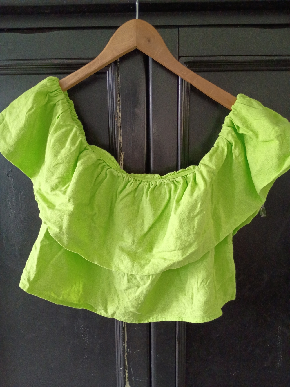a new day Lime Green Off-Shoulder Ruffle Crop Top